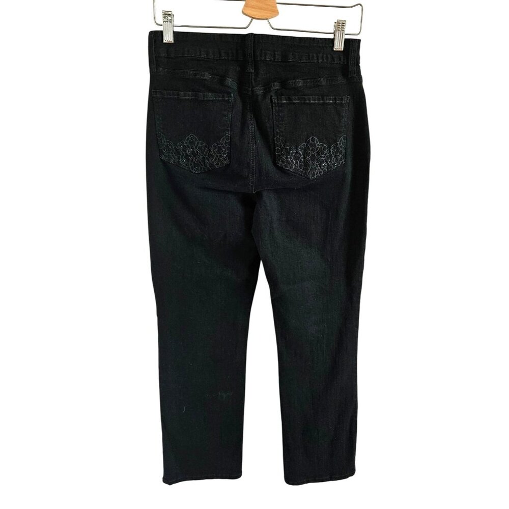 NYDJ Woman Size 10 Marilyn Straight Lift & Tuck Black Jeans Embroidered Pockets